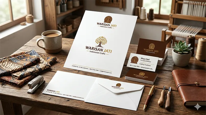 Contoh design kartu nama, brosur dan stiker untuk UMKM