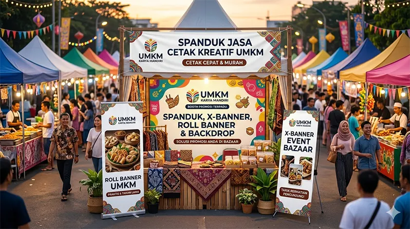 Contoh design spanduk, standee banner, roll banner dan backdrop